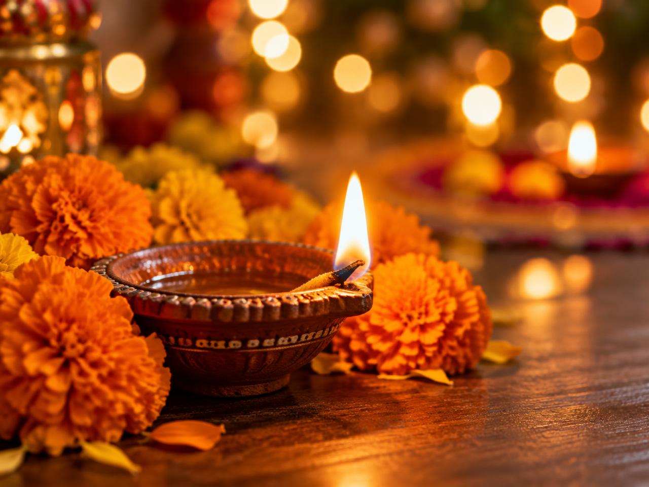 A lit diya surrounded by marigolds